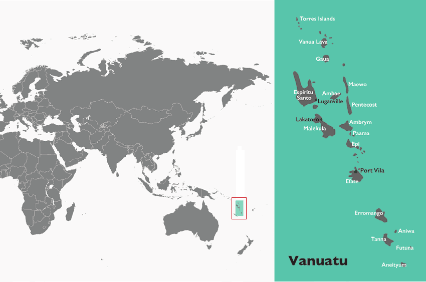 Vanuatu Location Map — South Pacific Archipelago, Islands and Geography Explained — 瓦努阿图地图位置 Map showing Vanuatu’s location in the South Pacific and its major islands, including Efate, Espiritu Santo, Tanna, and Port Vila — supporting Citizenship-by-Investment guidance and geographic context — 瓦努阿图公民计划
